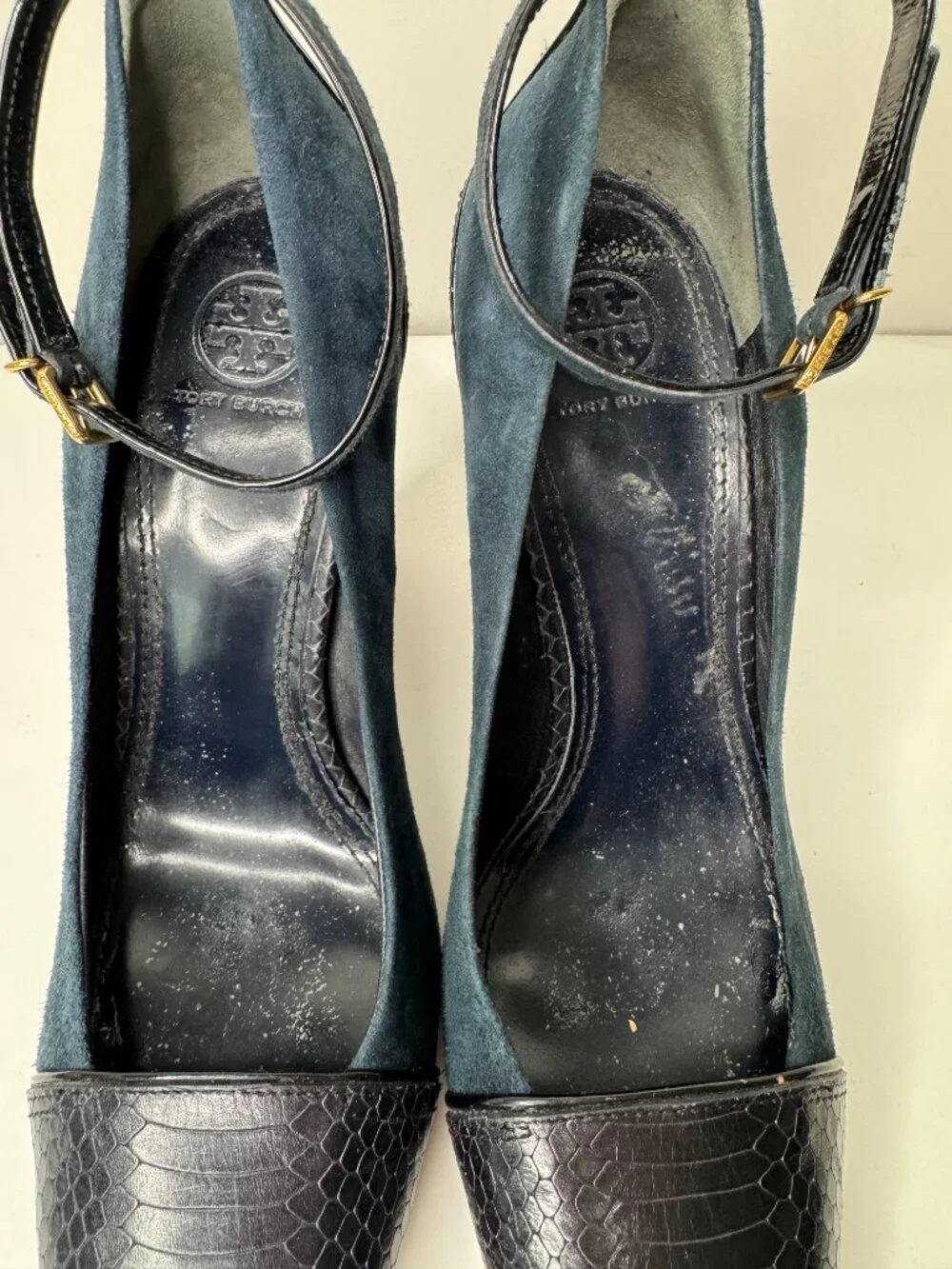 Tory Burch Gracie Blue Suede Leather High Heels Womens 8.5M Adjustable Ankle Str
